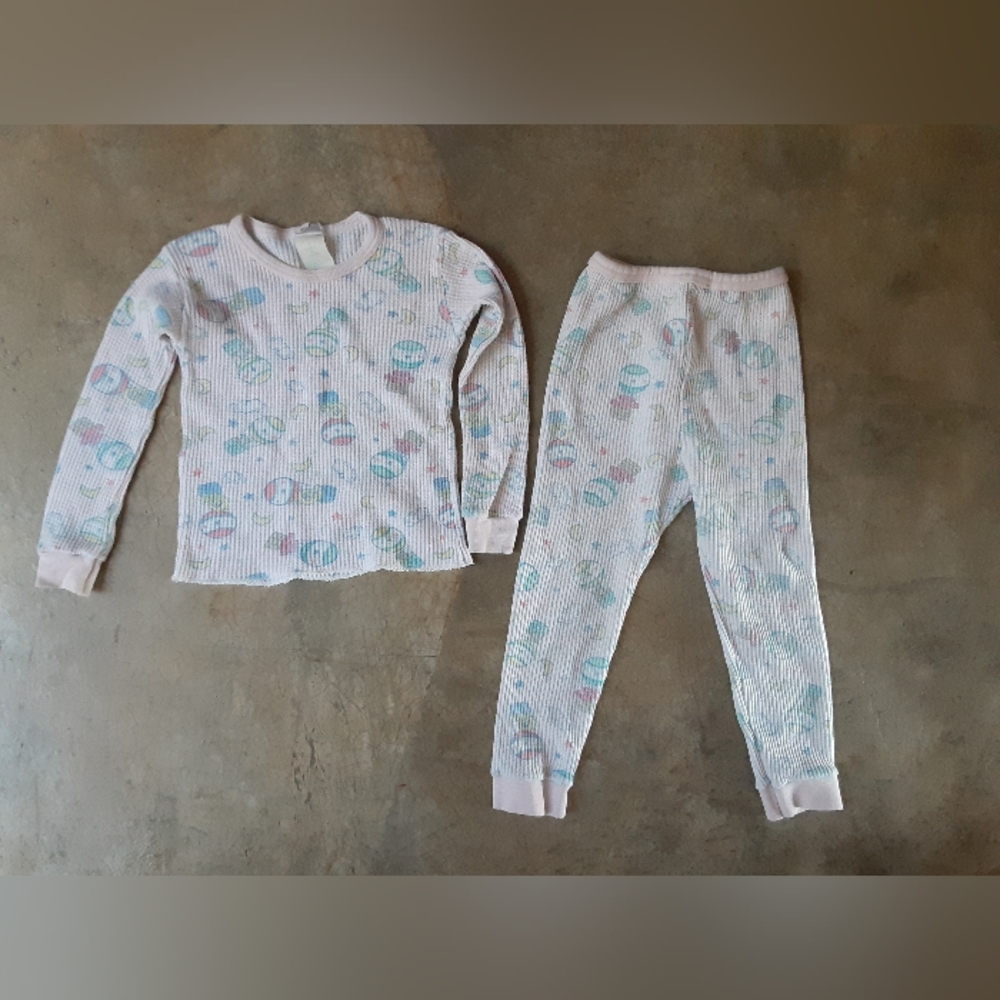 Vintage Toddler Girls Kids Thermal Fitted Pajama Set 2T